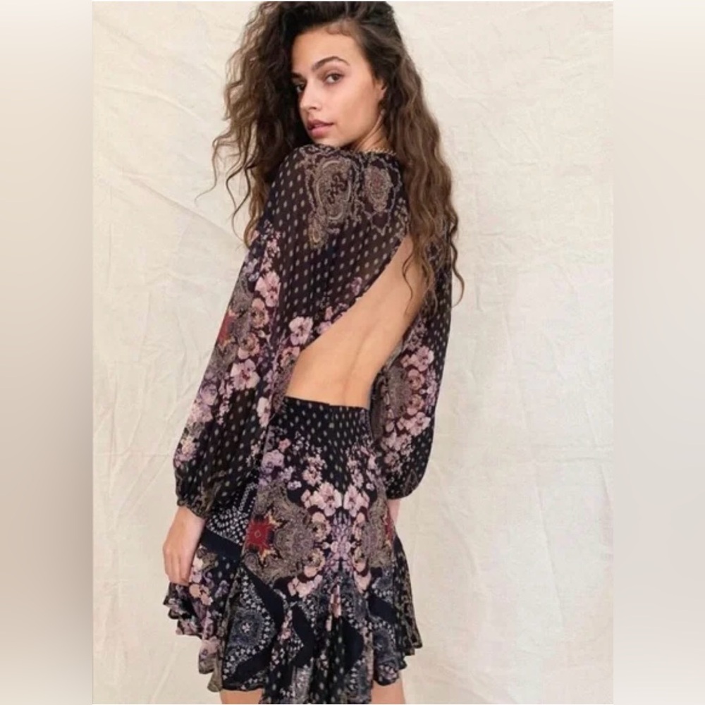 Free People Black Floral Paisley Open-Back Mini Dress